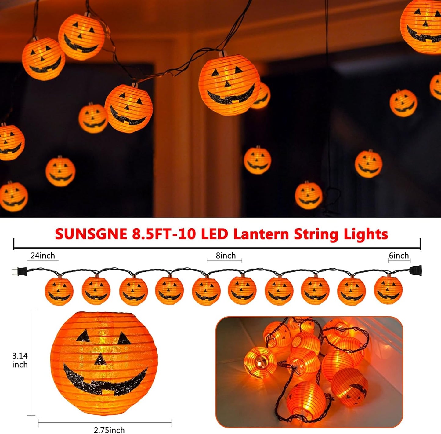 Halloween Pumpkin Lantern String Lights, 8.5Ft Orange Lights with 10 Mini Jack-O-Lanterns, Plug-In Outdoor Decor for Party