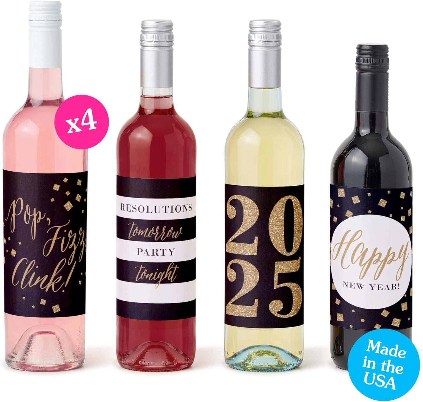 New Year'S Eve - Gold - 2025 New Years Eve Party Decorations for Women and Men - Wine Bottle Label Stickers - Set of 4