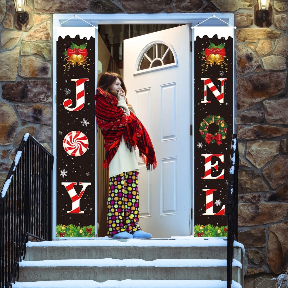 Christmas Porch Banner,Merry Christmas Banner,Porch Christmas Decorations, Christmas Porch Sign - Joy Noel Christmas Decorations Indoor outside - 70”X12”, BLACK