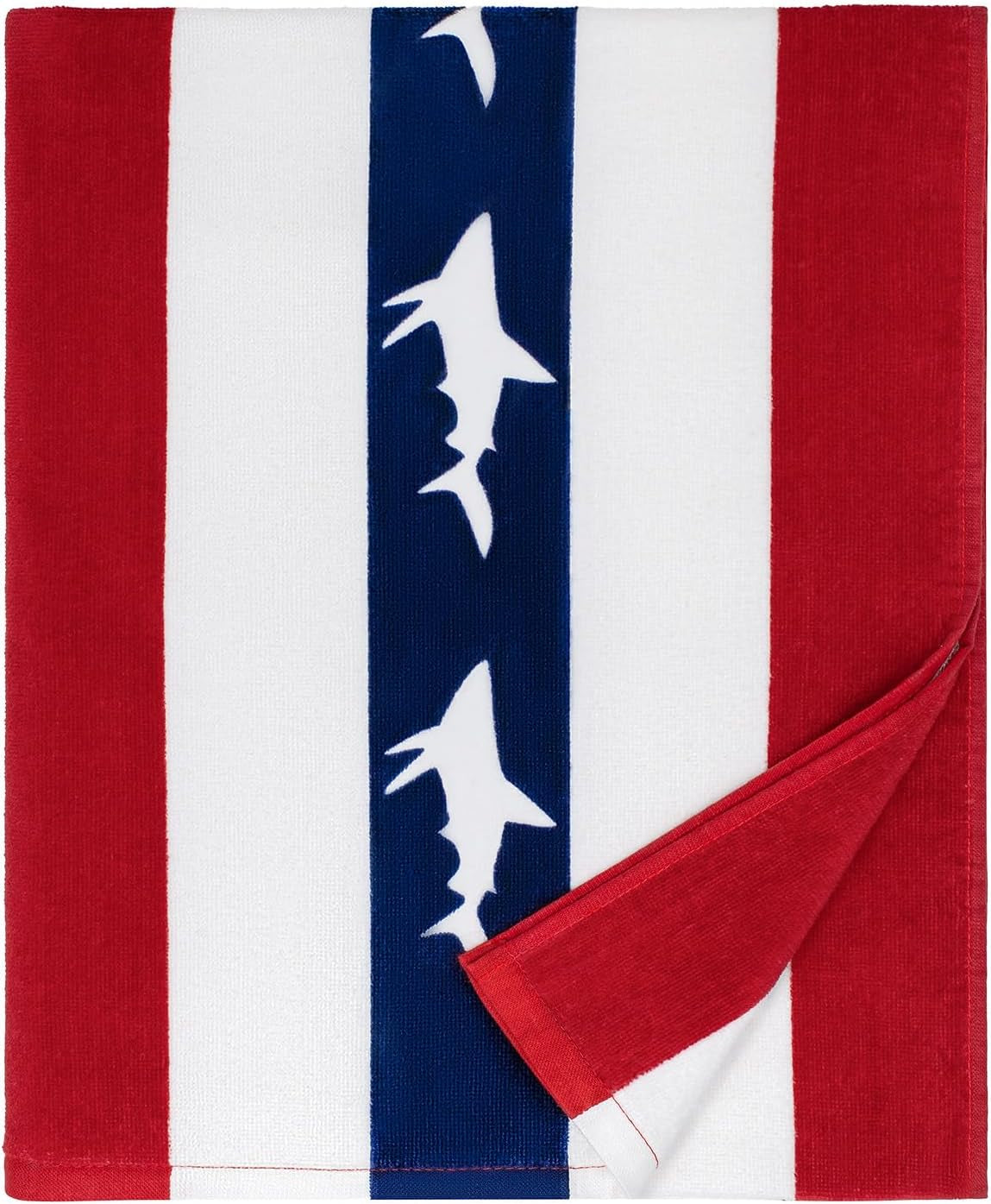 Large Beach Towel Oversized - Cotton Velour 35 X 70 Inch Shark Striped Terry Pool Towel, Cabana Soft Swimming Towel for Adults Women Men (Navy Red)