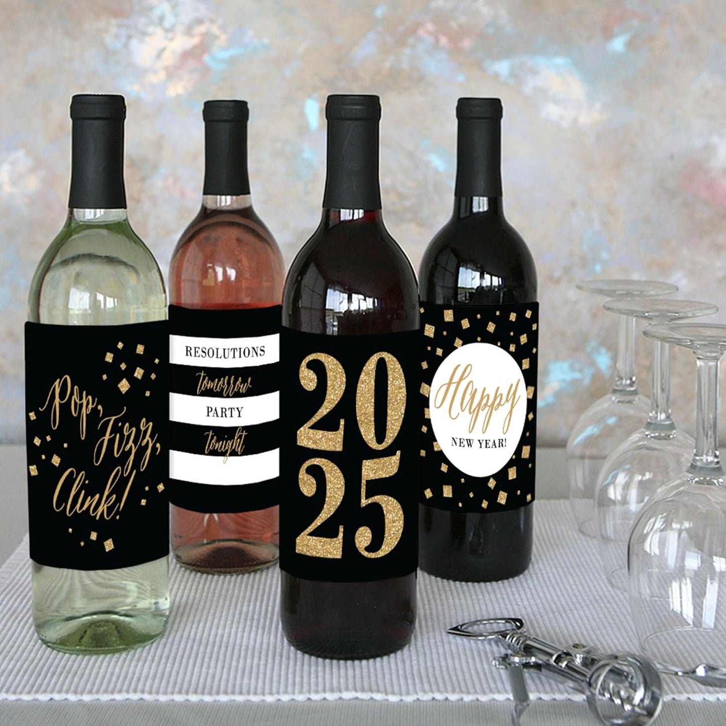 New Year'S Eve - Gold - 2025 New Years Eve Party Decorations for Women and Men - Wine Bottle Label Stickers - Set of 4