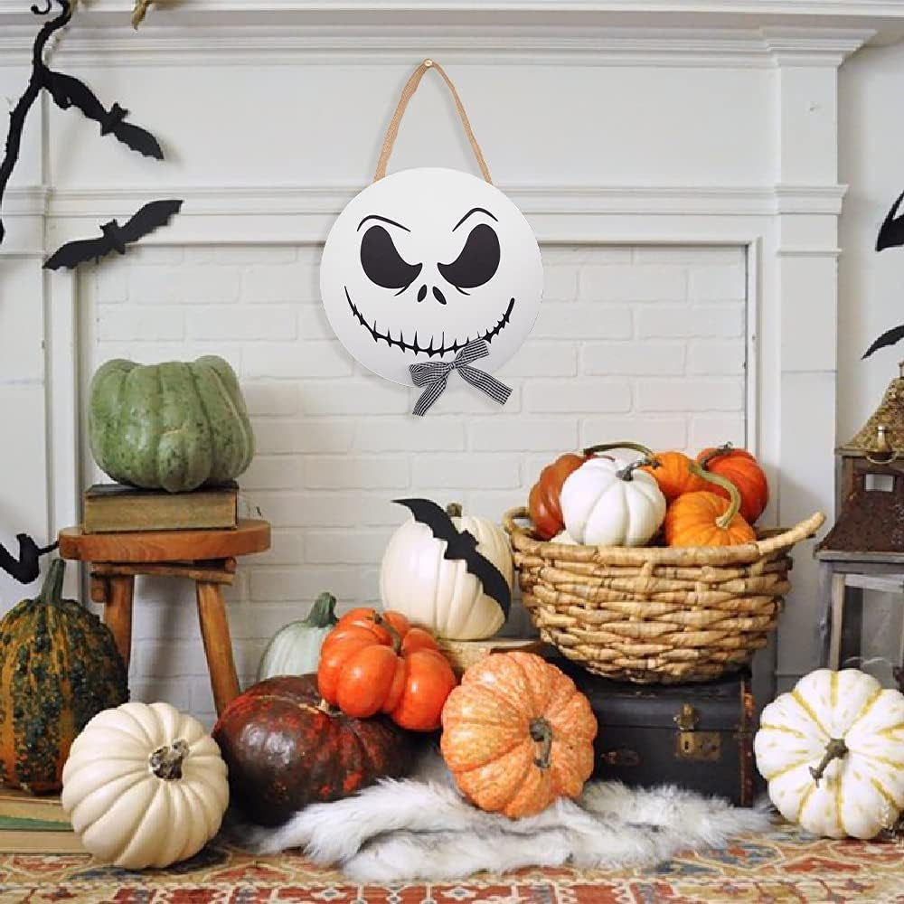 Halloween Decorations - 12'' Wooden Jack Skellington Door Hanger - Halloween Welcome Sign for Front Door - Halloween Wreath - Farmhouse Halloween Decor