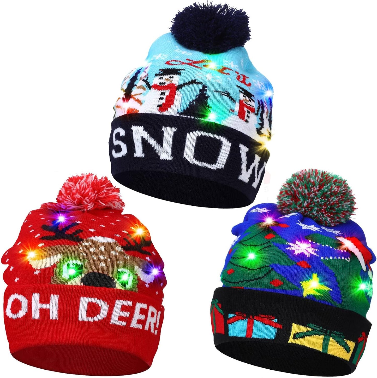 3 Pieces LED Light up Christmas Hats Christmas Beanie Christmas Hat Xmas Beanie Cap for Christmas Party