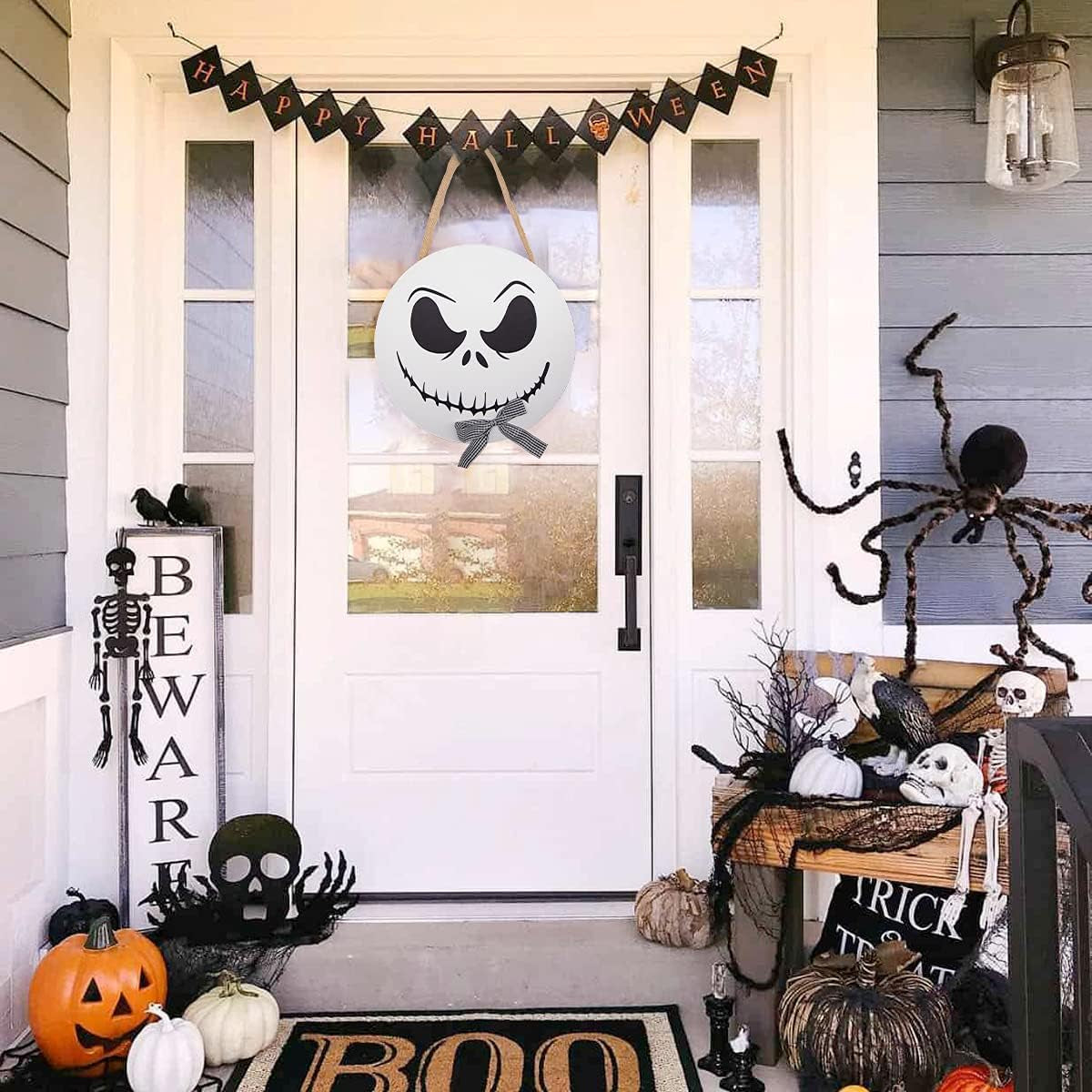 Halloween Decorations - 12'' Wooden Jack Skellington Door Hanger - Halloween Welcome Sign for Front Door - Halloween Wreath - Farmhouse Halloween Decor