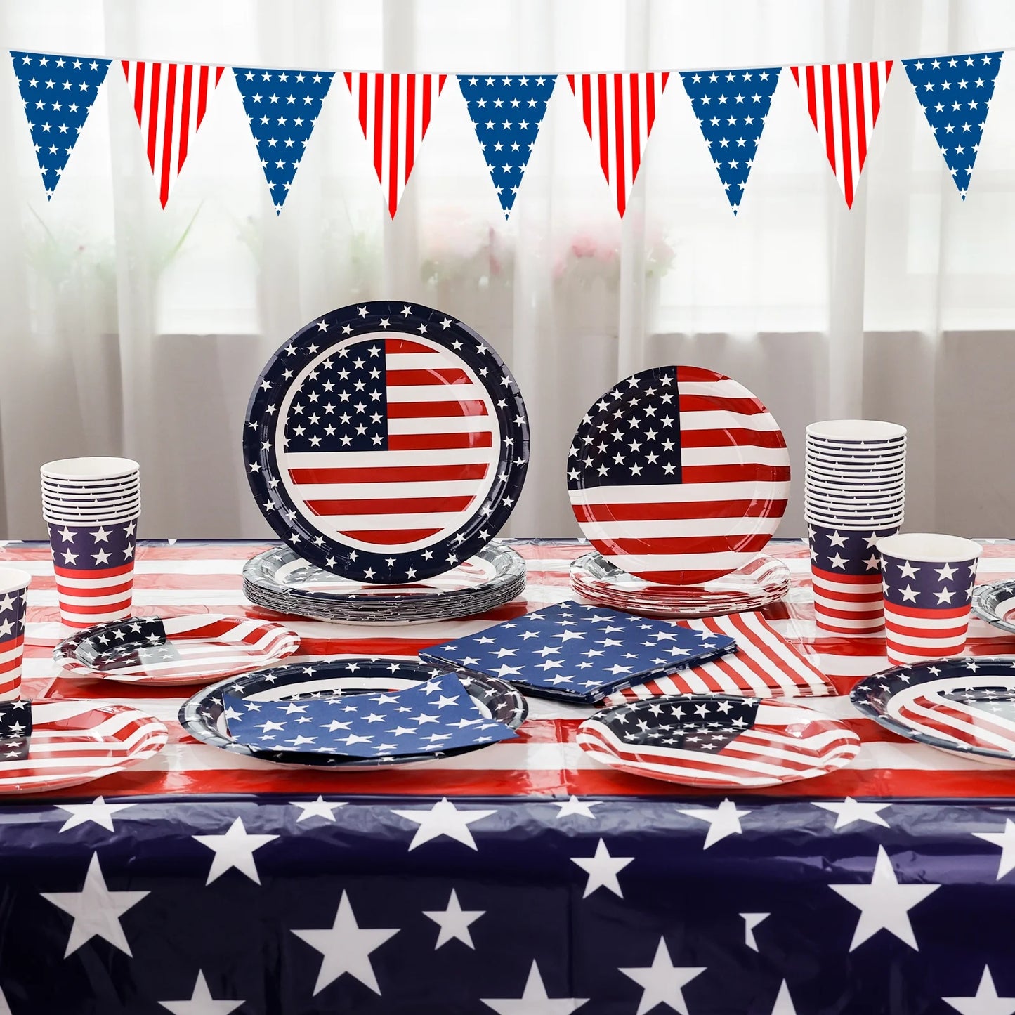 4Th of July Decorations Patriotic Party Supplies Set for 24-Disposable Plates, Napkins, Cups, Tablecloth, Flag