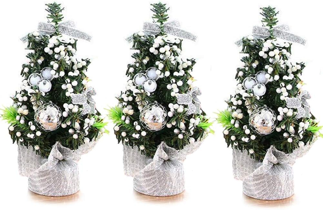 Mini Christmas Tree Tabletop Decorations Christmas Home Decor Artificial Berries Pine Branches Christmas Party Ornaments (3Pcs Silver Christmas Tree)