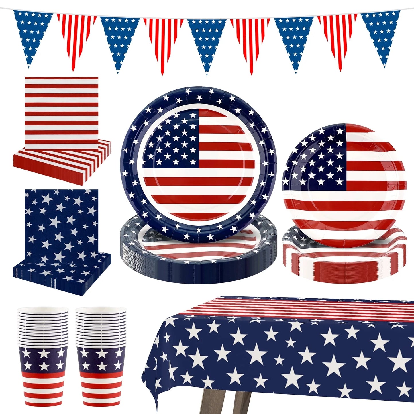 4Th of July Decorations Patriotic Party Supplies Set for 24-Disposable Plates, Napkins, Cups, Tablecloth, Flag