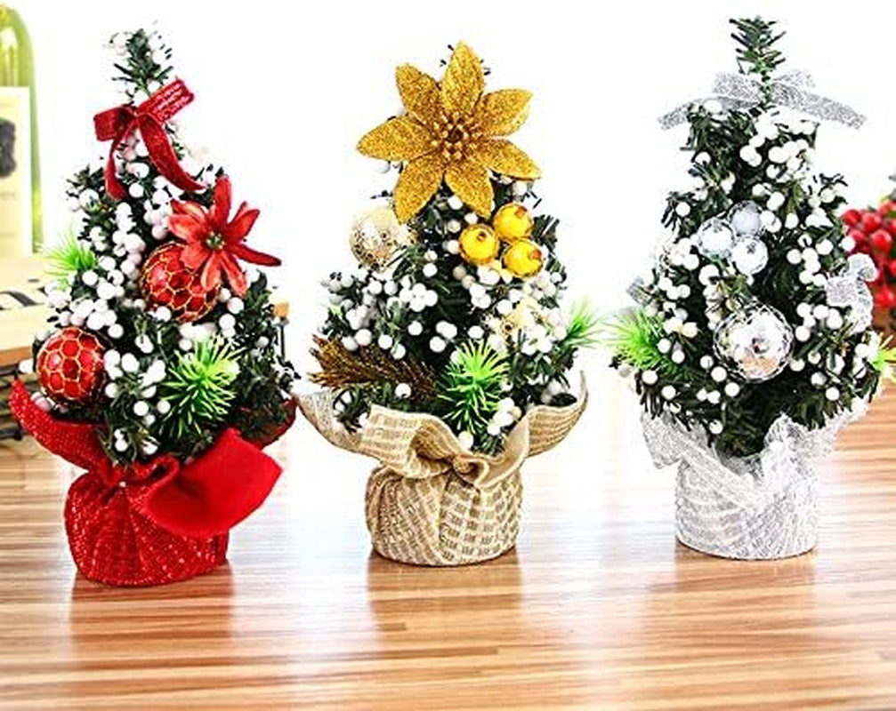 Mini Christmas Tree Tabletop Decorations Christmas Home Decor Artificial Berries Pine Branches Christmas Party Ornaments (3Pcs Silver Christmas Tree)