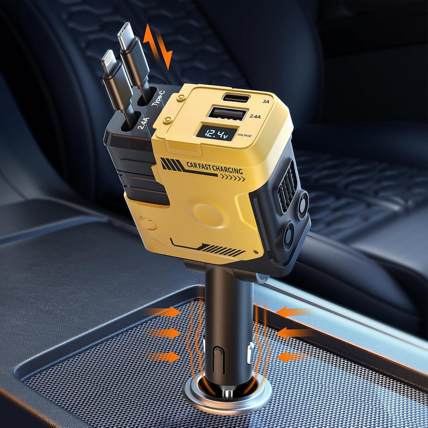 Starlight Retractable Car Charger with Retractable Cables, Starlight in Car Roof 4 in 1 Super Fast Car Phone Charger, 2 USB Ports Starry Sky Adapter, Compatible with Iphone 15 14 13