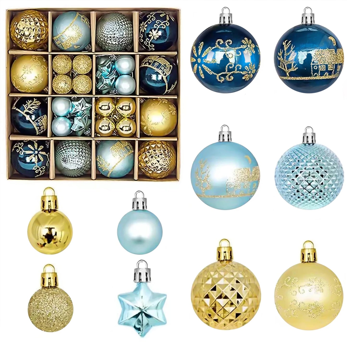 44 Piece Christmas Ornament Set, Christmas Ball, Blue and Gold, Christmas Tree Decorations