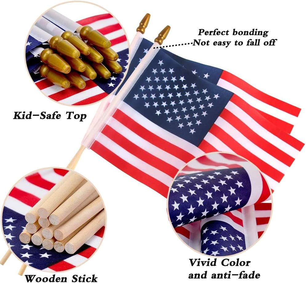 Small American Flags on Stick 5X8 Inch/12 Pack - Mini Ameirican Flags/Handheld American Wooden Stick Flag with Safe Spear Top for July 4Th Decoration, Veteran Party, Etc.