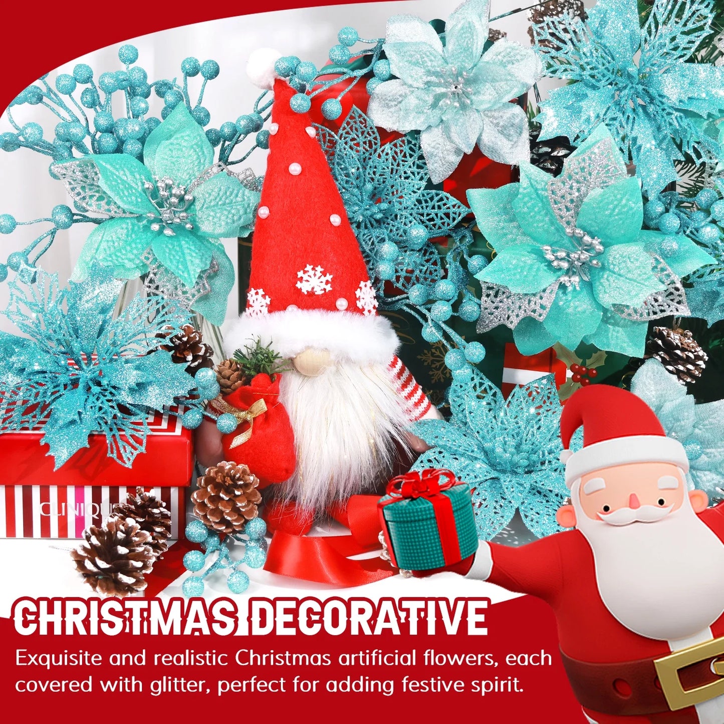56Pcs Poinsettia Christmas Flowers Decorations Christmas Flower Ornaments Artificial Glitter Berry Stems Christmas Pine Cones Christmas Tree Ornaments Set Christmas Tree Decorations (Green)