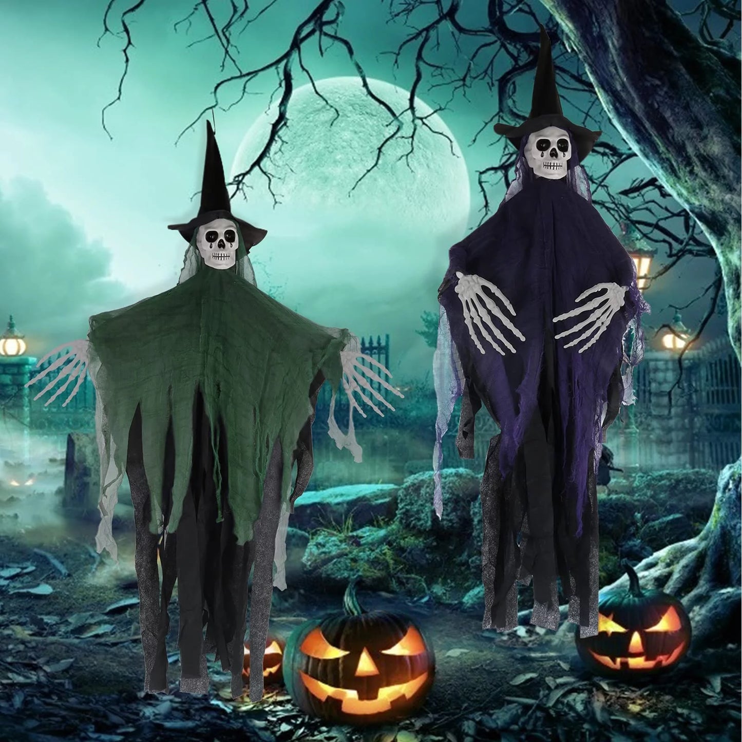 Halloween Hanging Ghost, 32 X 40 Inch Hanging Halloween Skeleton Ghosts Decorations, Grim Reapers for Best Halloween Outdoor Decorations, Green