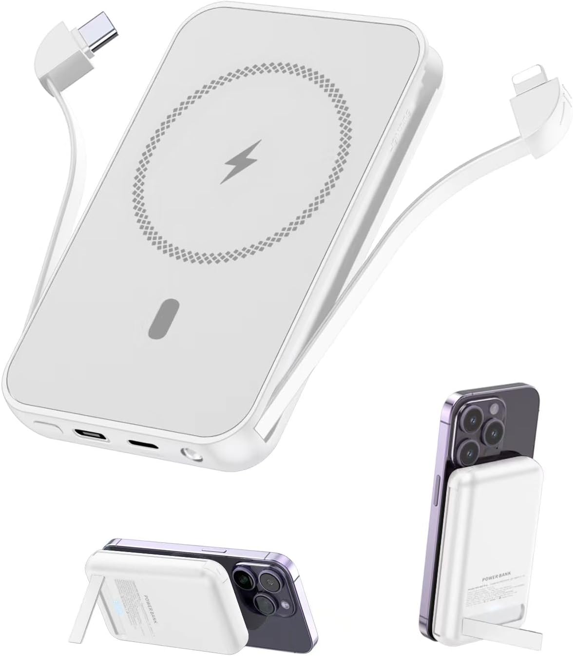 For Magnetic Power Bank, 6800Mah Wireless Portable Charger with PD30W Fast Charging, Battery Pack Built-In 2 Output Cables for Iphone 15/14/13/12 Series(Black)