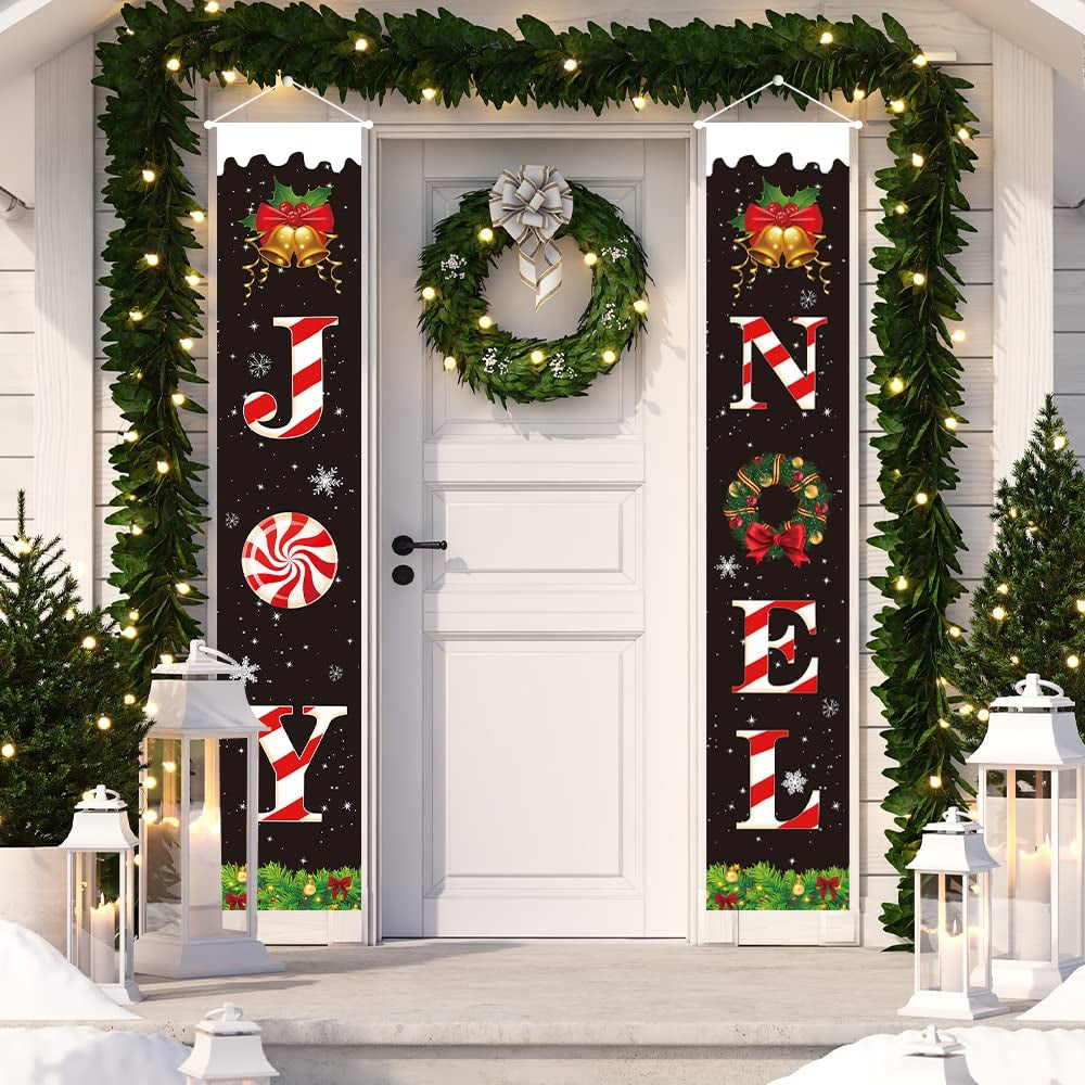 Christmas Porch Banner,Merry Christmas Banner,Porch Christmas Decorations, Christmas Porch Sign - Joy Noel Christmas Decorations Indoor outside - 70”X12”, BLACK