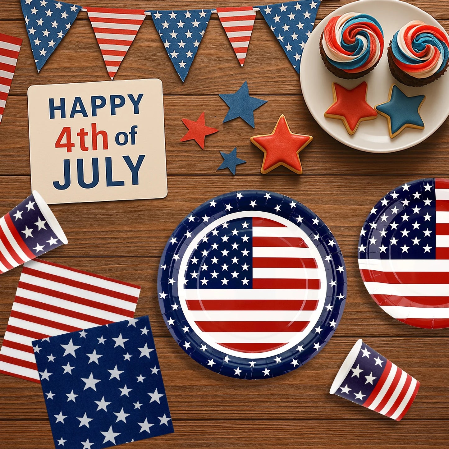 4Th of July Decorations Patriotic Party Supplies Set for 24-Disposable Plates, Napkins, Cups, Tablecloth, Flag