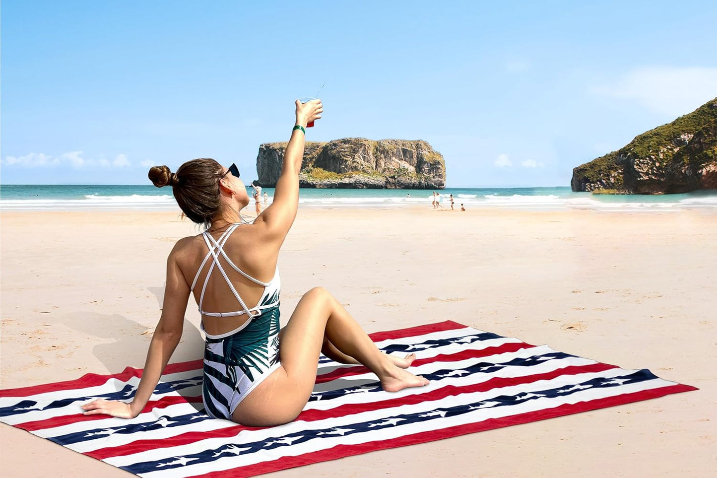 Large Beach Towel Oversized - Cotton Velour 35 X 70 Inch Shark Striped Terry Pool Towel, Cabana Soft Swimming Towel for Adults Women Men (Navy Red)
