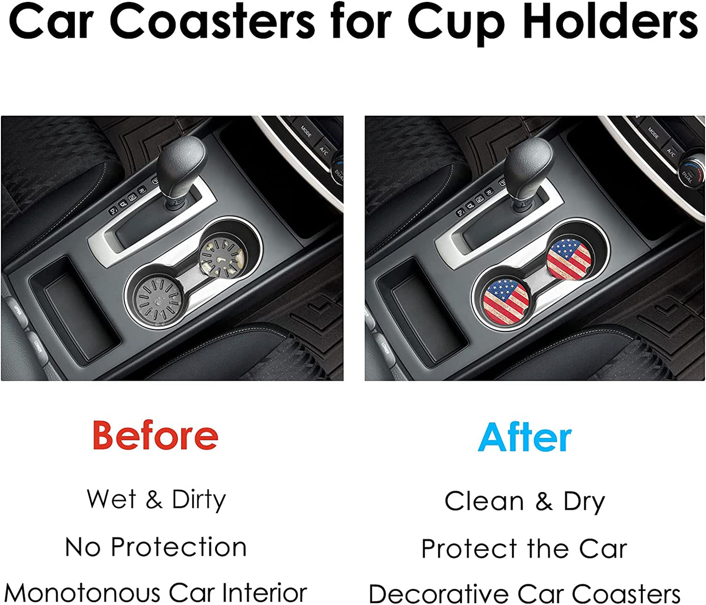 Car Coasters 2 Pack, Small 2.56" Stone Car Cupholder Absorbent Coaster Set for Women Men Drink Cup Holder Coasters (USA Flag)
