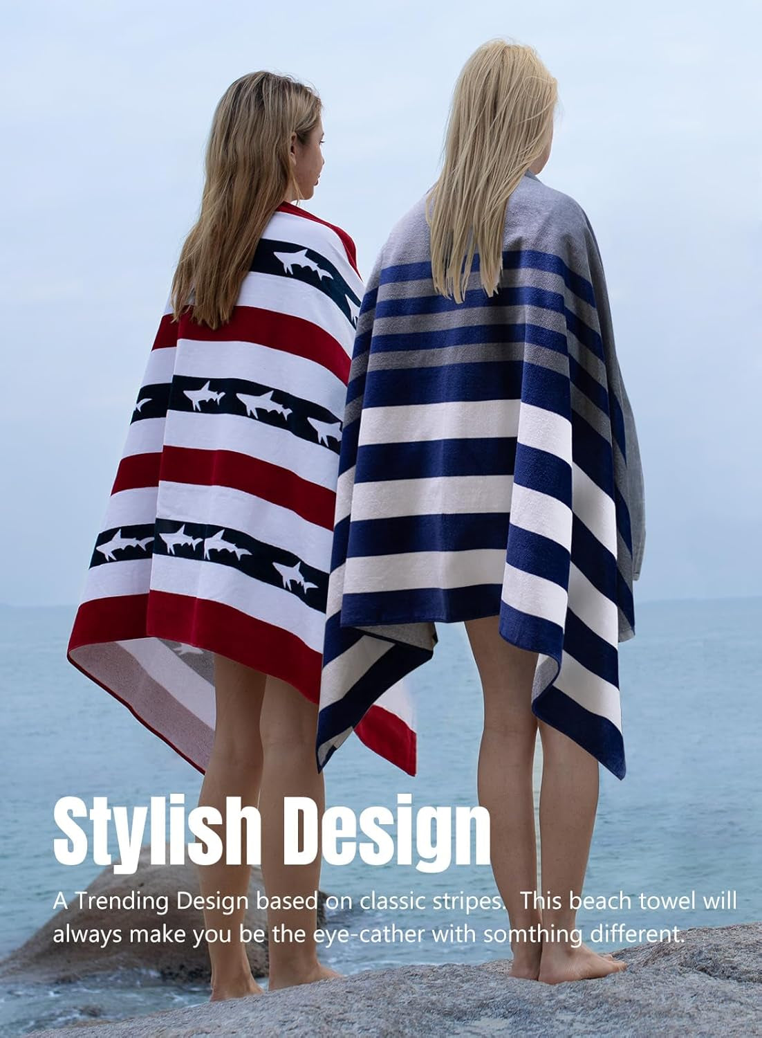 Large Beach Towel Oversized - Cotton Velour 35 X 70 Inch Shark Striped Terry Pool Towel, Cabana Soft Swimming Towel for Adults Women Men (Navy Red)
