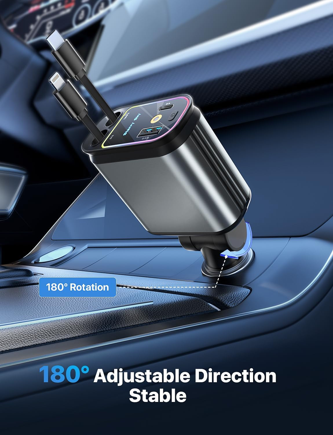Starlight Retractable Car Charger with Retractable Cables, Starlight in Car Roof 4 in 1 Super Fast Car Phone Charger, 2 USB Ports Starry Sky Adapter, Compatible with Iphone 15 14 13