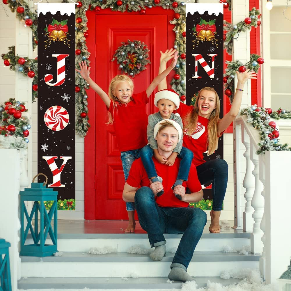 Christmas Porch Banner,Merry Christmas Banner,Porch Christmas Decorations, Christmas Porch Sign - Joy Noel Christmas Decorations Indoor outside - 70”X12”, BLACK