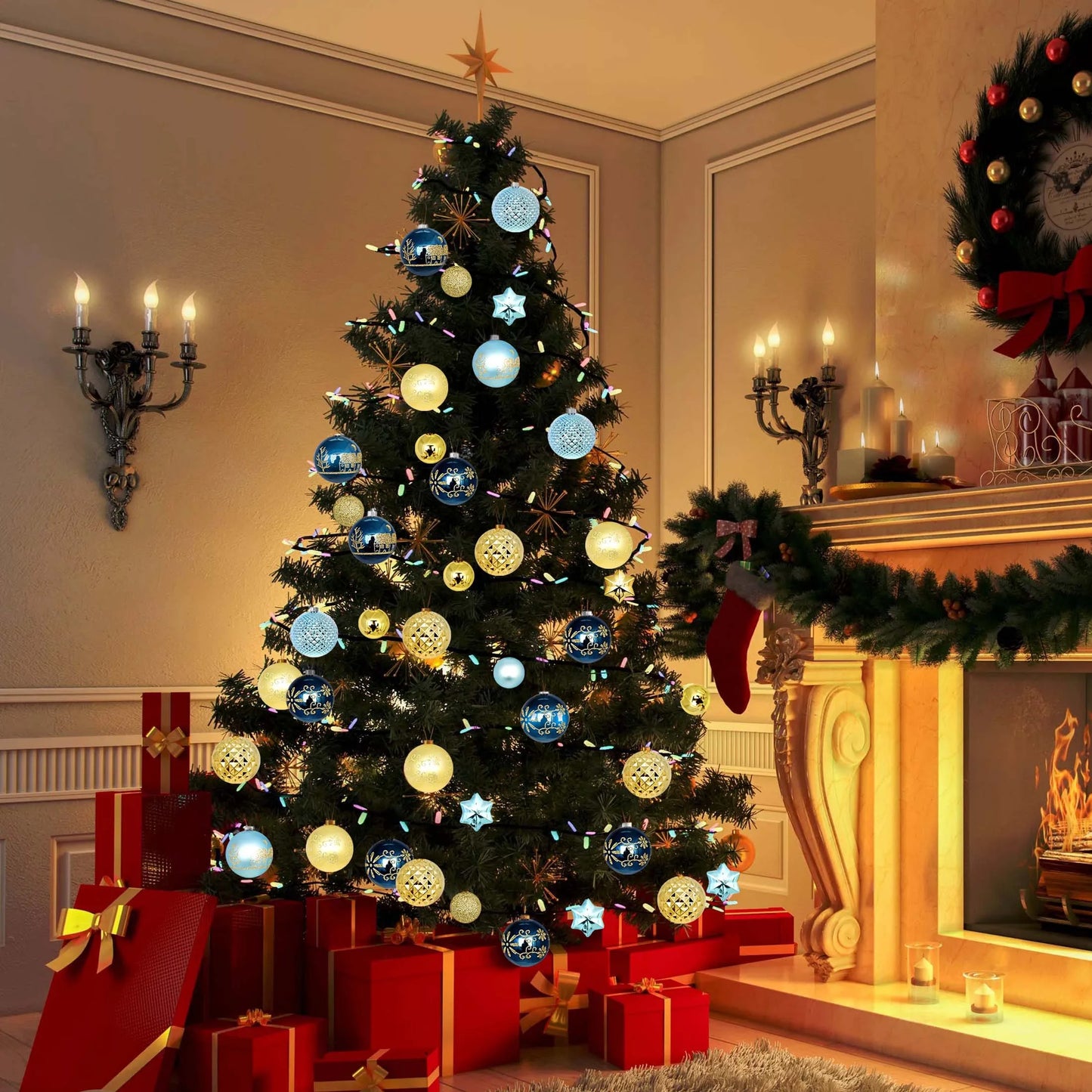 44 Piece Christmas Ornament Set, Christmas Ball, Blue and Gold, Christmas Tree Decorations