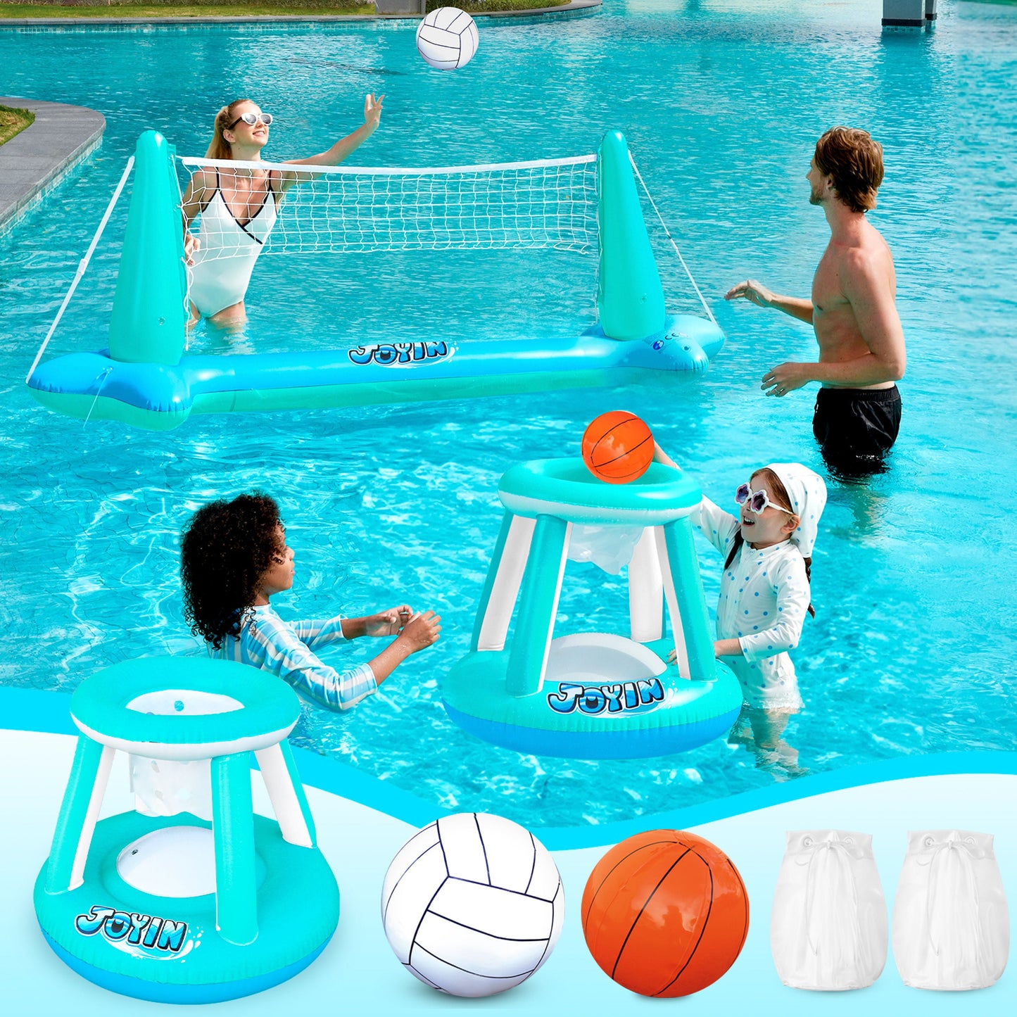 Inflatable Pool Float Set Pool Volleyball Net & Basketball Hoops, Summer Pool Toys for Kids and Pool Game Adults - Blue