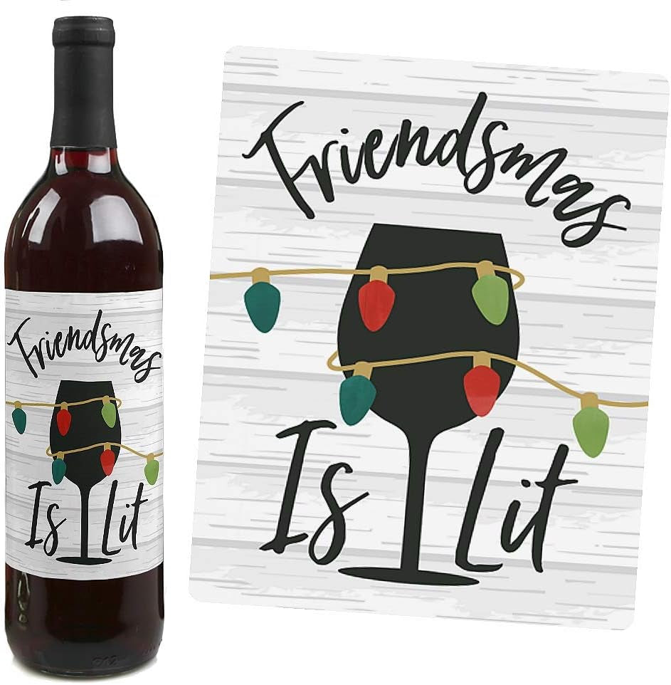Rustic Merry Friendsmas Gifts for Women and Men - Christmas or Holiday Wine Bottle Label Stickers - Set of 4