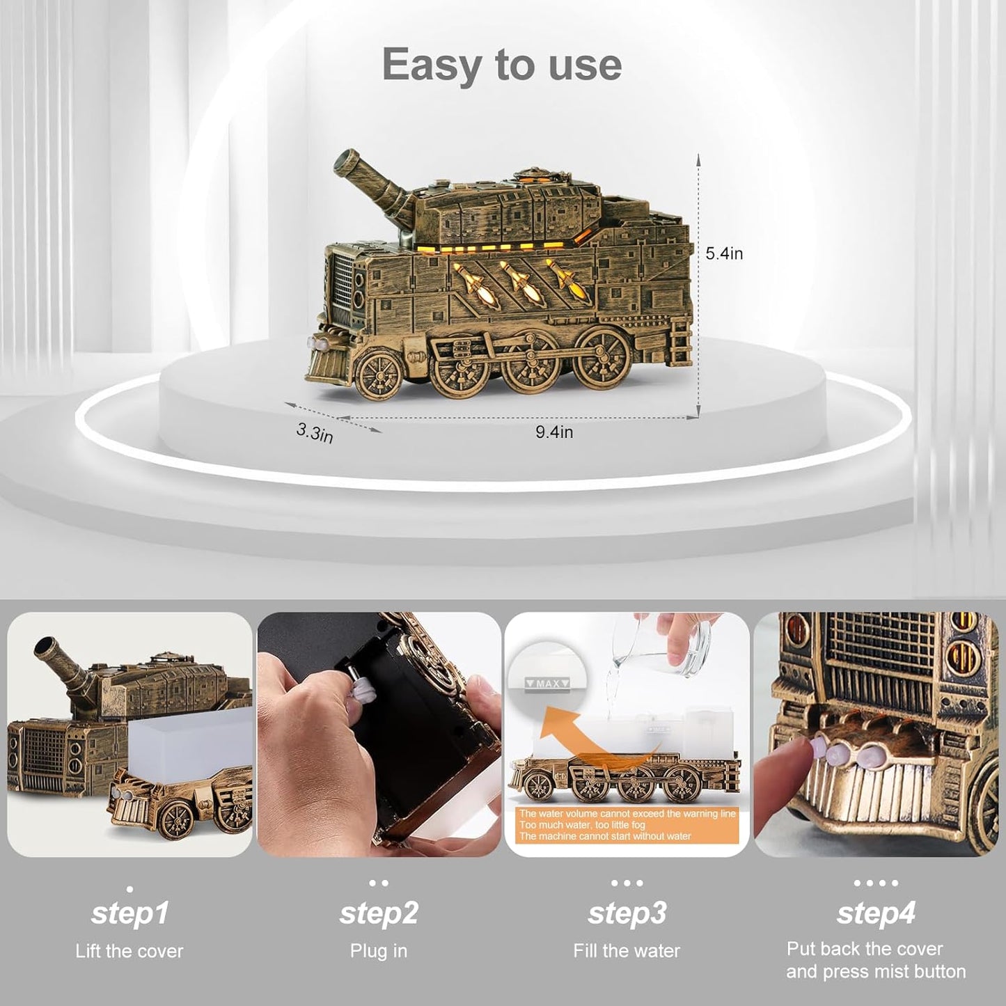 Tank Diffuser 300Ml, Aromatherapy Diffuser Cool Mist Ultrasonic Aroma Tank Diffuser with Remote Control 2 Light 2 Mist Mode Auto Shut-Off for Bedroom Office Hotel (Copper)