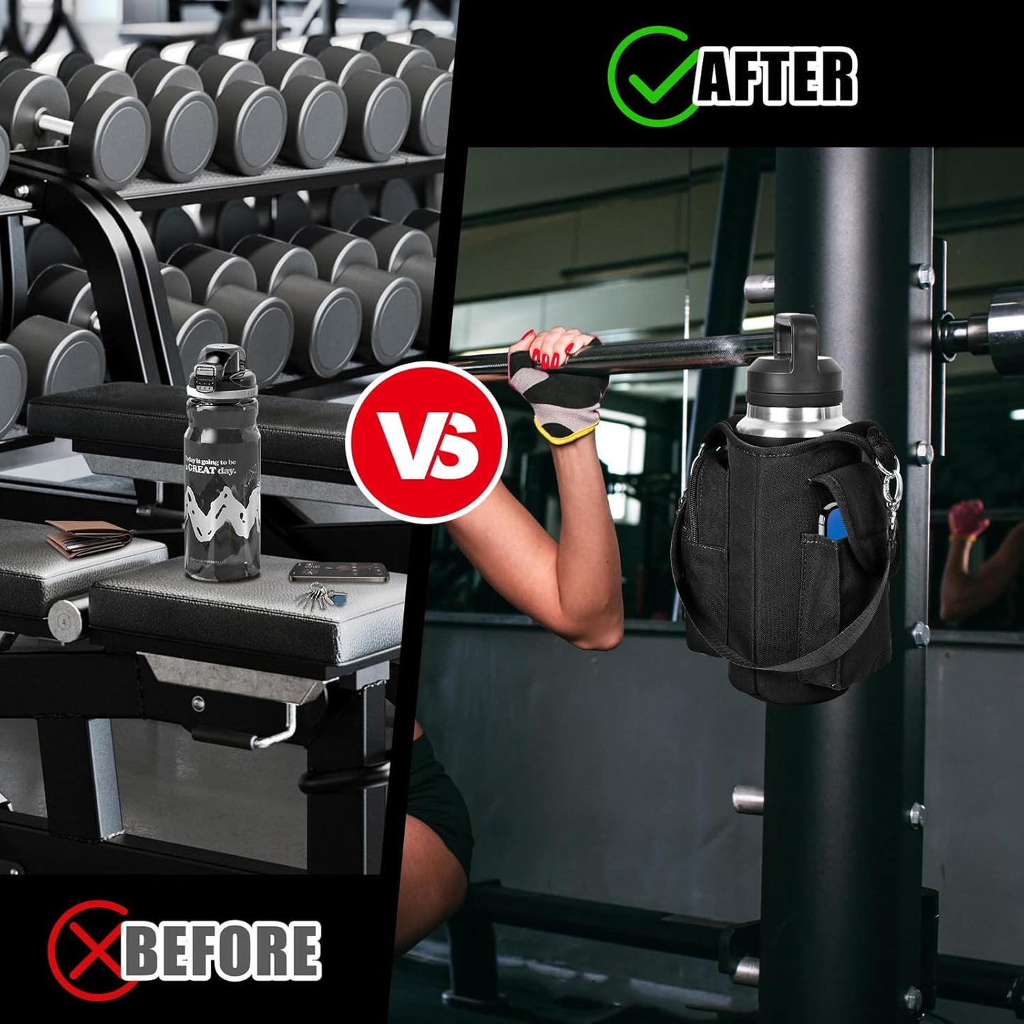 Magnetic Gym Bag Water Bottle Carrier Holder with Phone Pockets & Shoulder Strap,5 Built-In Magnets Gym Bottle Pouch Sleeve,Magnetic Bag Gym Accessories Organizer for Men Women