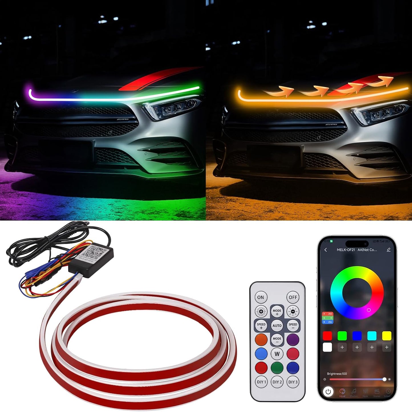 59 Inch Car Hood Light Strip, Dynamic LED Strip Light, Exterior Flexible Headlight Waterproof Daytime Running Light Strip for Truck, SUV (White Light)