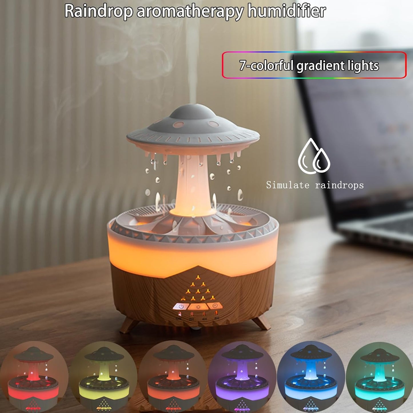 Raindrop Humidifiers for Bedroom -Essential Oil Diffuser with 7 Colors LED Lights,Air Humidifiers,Cool Mist Humidifier with 4 Timers,Vaporizers for Nursery,Family,Bedroom and Office(No Remote Control)