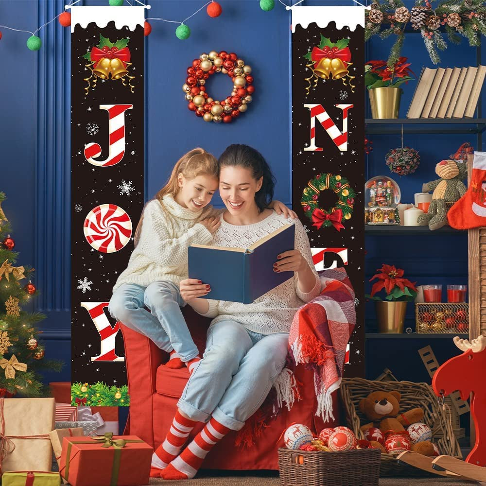 Christmas Porch Banner,Merry Christmas Banner,Porch Christmas Decorations, Christmas Porch Sign - Joy Noel Christmas Decorations Indoor outside - 70”X12”, BLACK