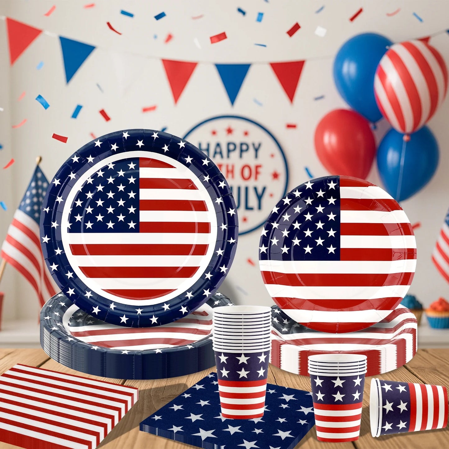 4Th of July Decorations Patriotic Party Supplies Set for 24-Disposable Plates, Napkins, Cups, Tablecloth, Flag