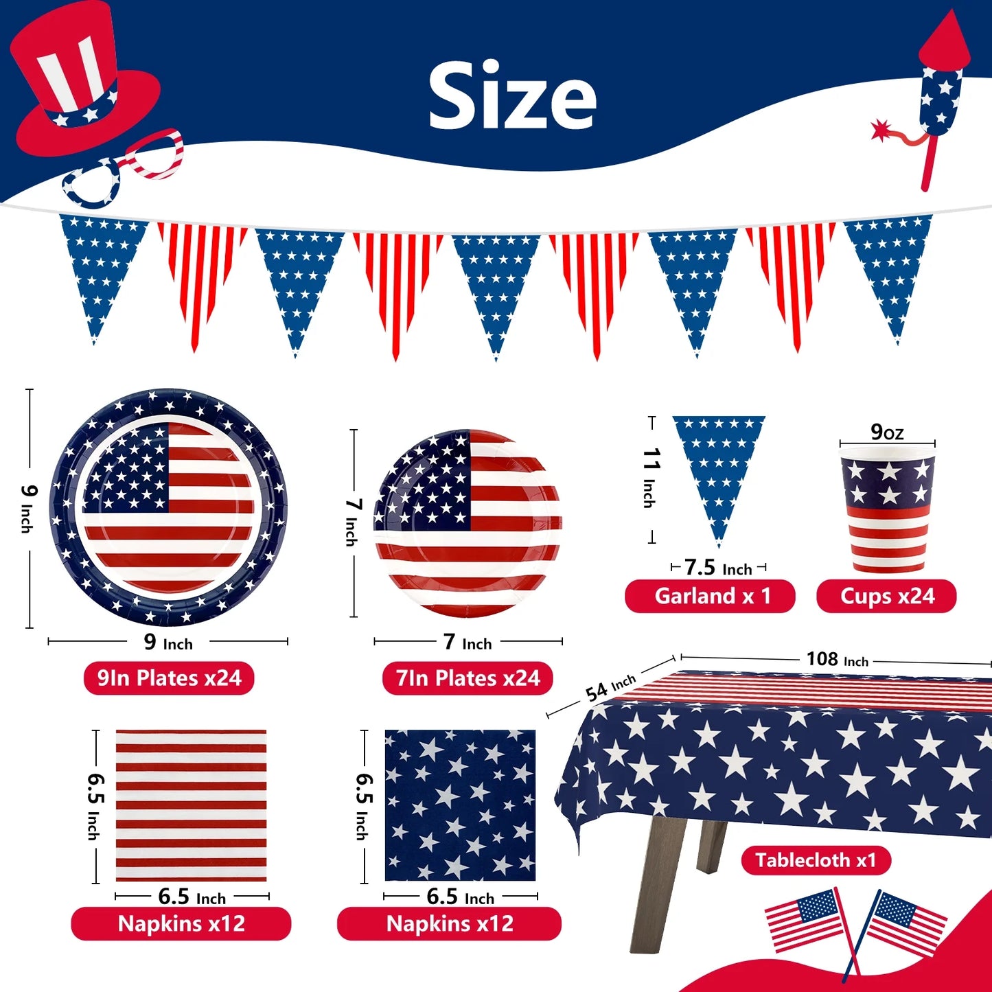 4Th of July Decorations Patriotic Party Supplies Set for 24-Disposable Plates, Napkins, Cups, Tablecloth, Flag