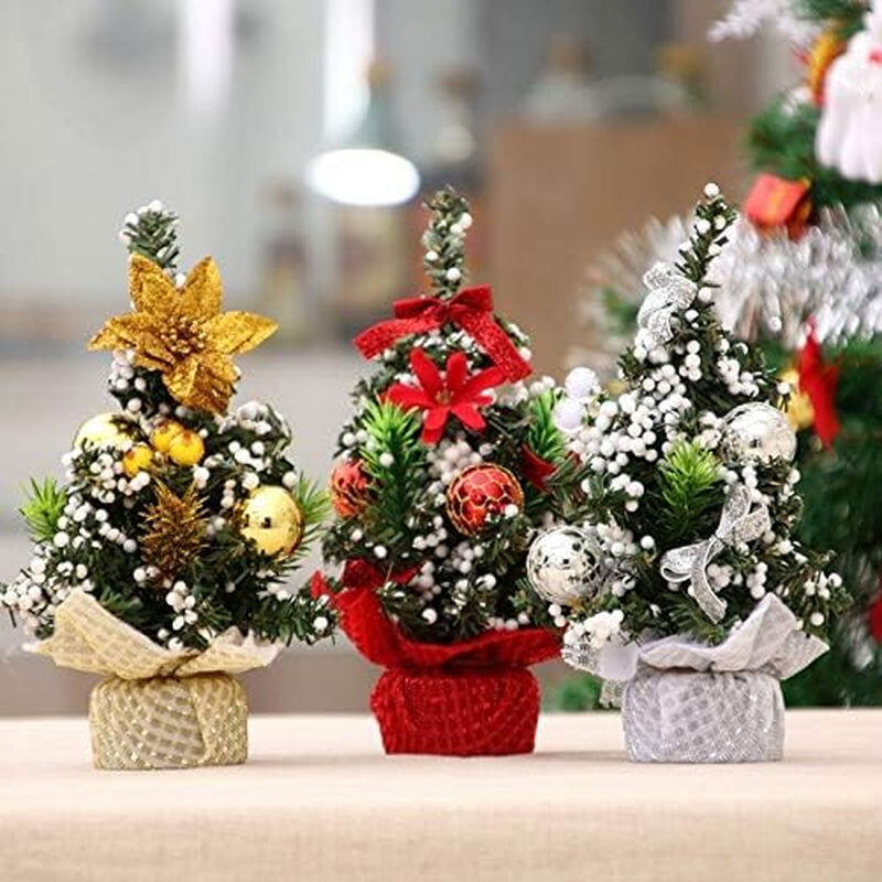 Mini Christmas Tree Tabletop Decorations Christmas Home Decor Artificial Berries Pine Branches Christmas Party Ornaments (3Pcs Silver Christmas Tree)