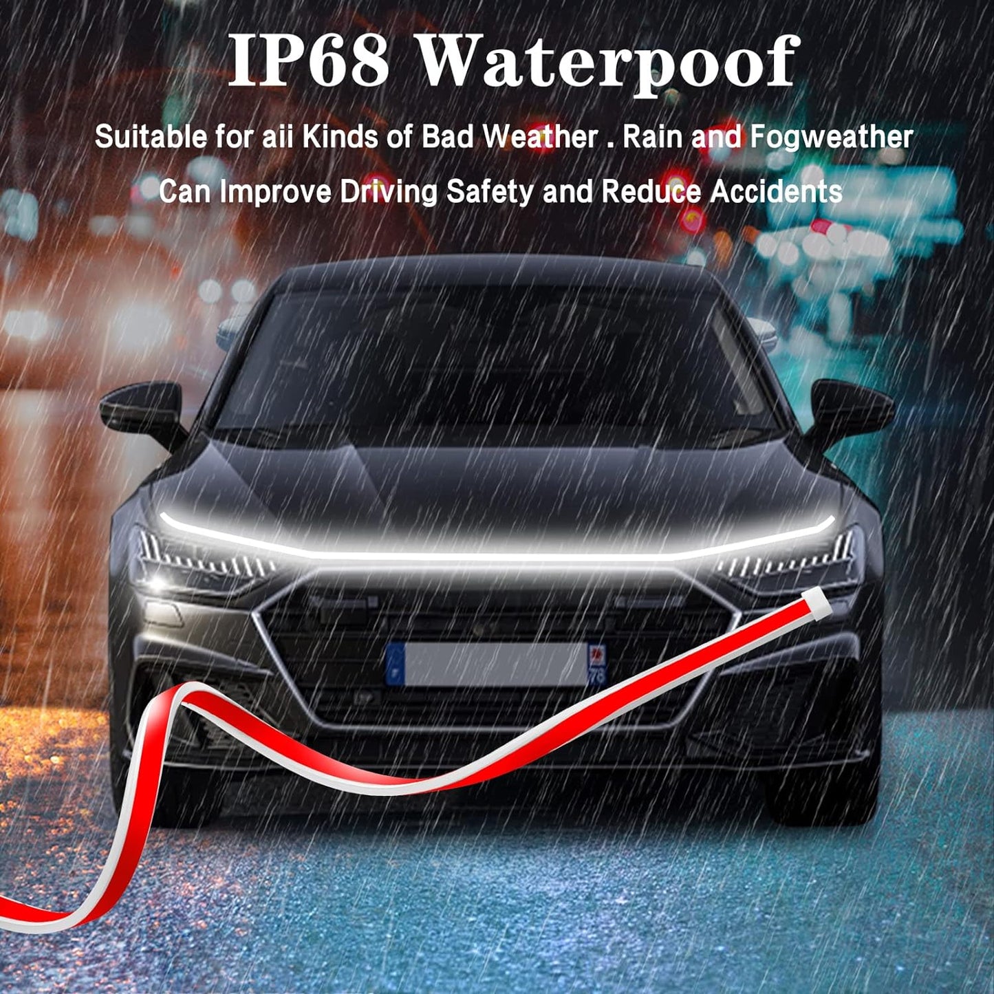 59 Inch Car Hood Light Strip, Dynamic LED Strip Light, Exterior Flexible Headlight Waterproof Daytime Running Light Strip for Truck, SUV (White Light)