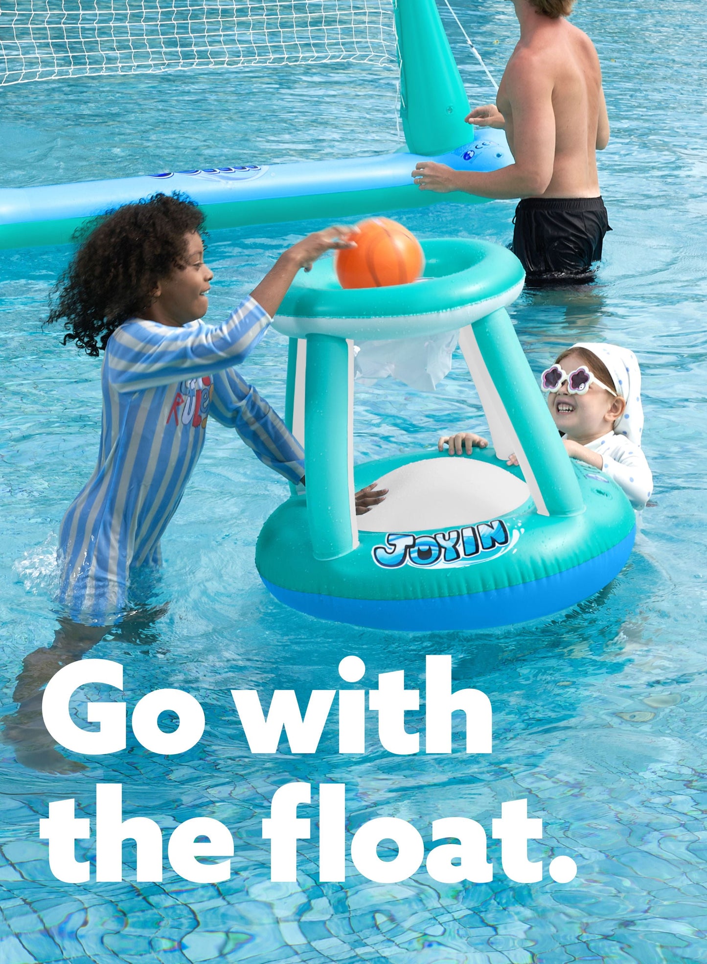 Inflatable Pool Float Set Pool Volleyball Net & Basketball Hoops, Summer Pool Toys for Kids and Pool Game Adults - Blue