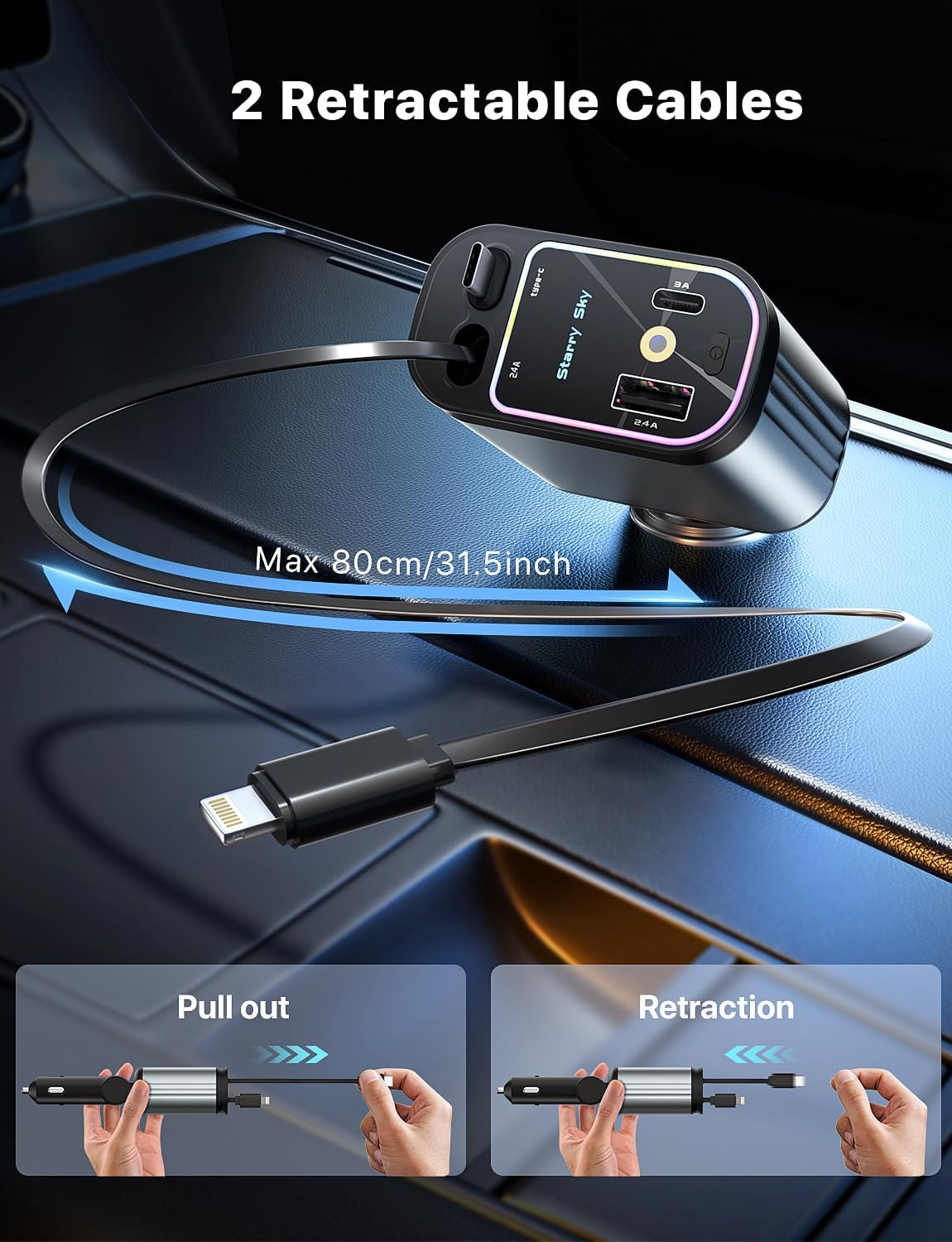 Starlight Retractable Car Charger with Retractable Cables, Starlight in Car Roof 4 in 1 Super Fast Car Phone Charger, 2 USB Ports Starry Sky Adapter, Compatible with Iphone 15 14 13
