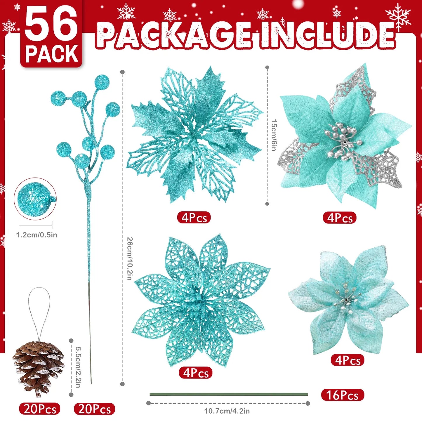 56Pcs Poinsettia Christmas Flowers Decorations Christmas Flower Ornaments Artificial Glitter Berry Stems Christmas Pine Cones Christmas Tree Ornaments Set Christmas Tree Decorations (Green)