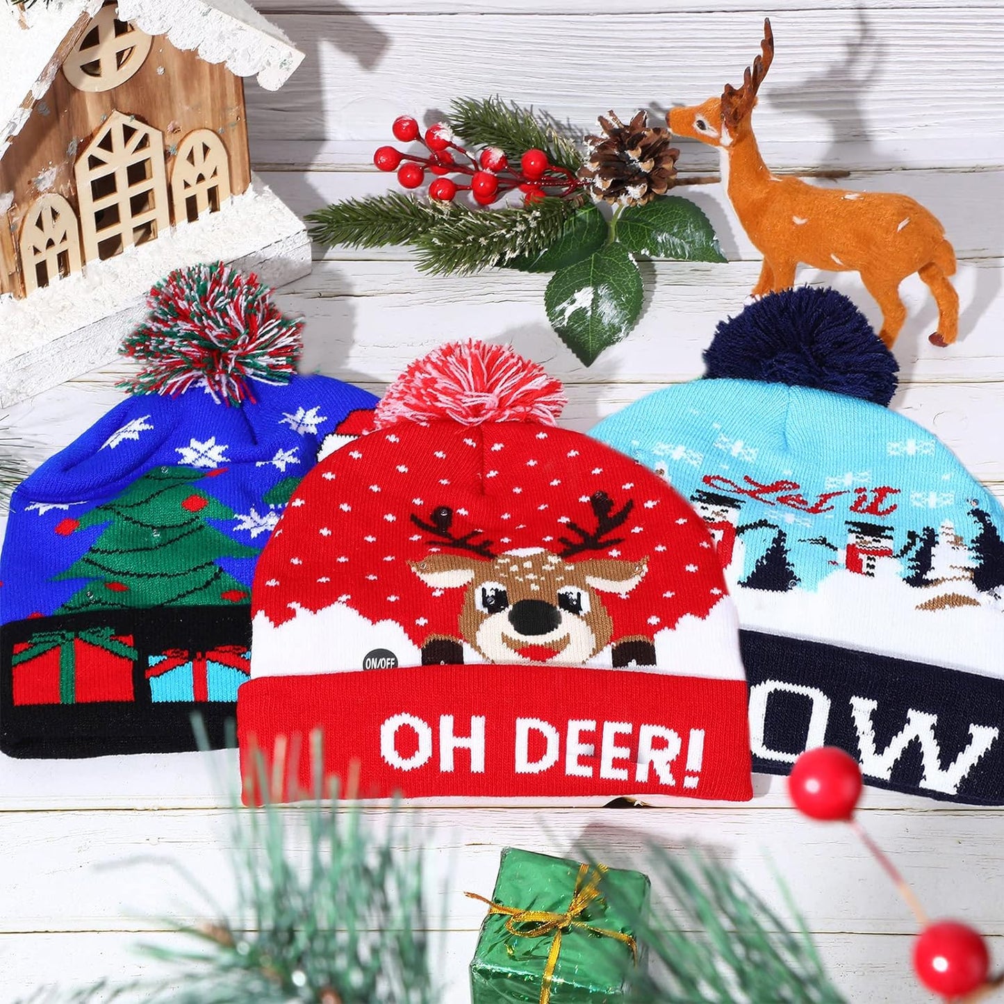 3 Pieces LED Light up Christmas Hats Christmas Beanie Christmas Hat Xmas Beanie Cap for Christmas Party