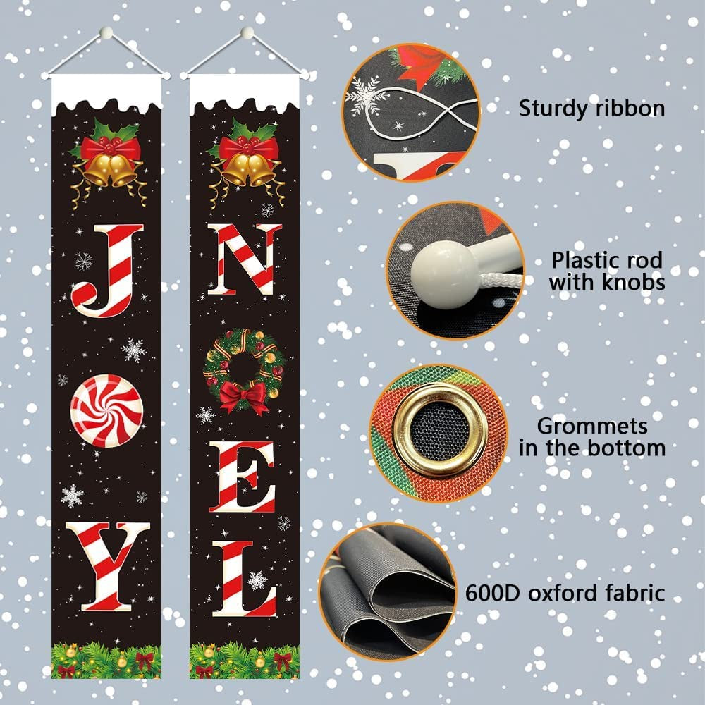 Christmas Porch Banner,Merry Christmas Banner,Porch Christmas Decorations, Christmas Porch Sign - Joy Noel Christmas Decorations Indoor outside - 70”X12”, BLACK