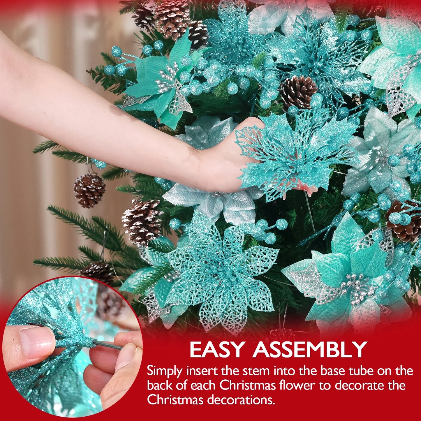 56Pcs Poinsettia Christmas Flowers Decorations Christmas Flower Ornaments Artificial Glitter Berry Stems Christmas Pine Cones Christmas Tree Ornaments Set Christmas Tree Decorations (Green)