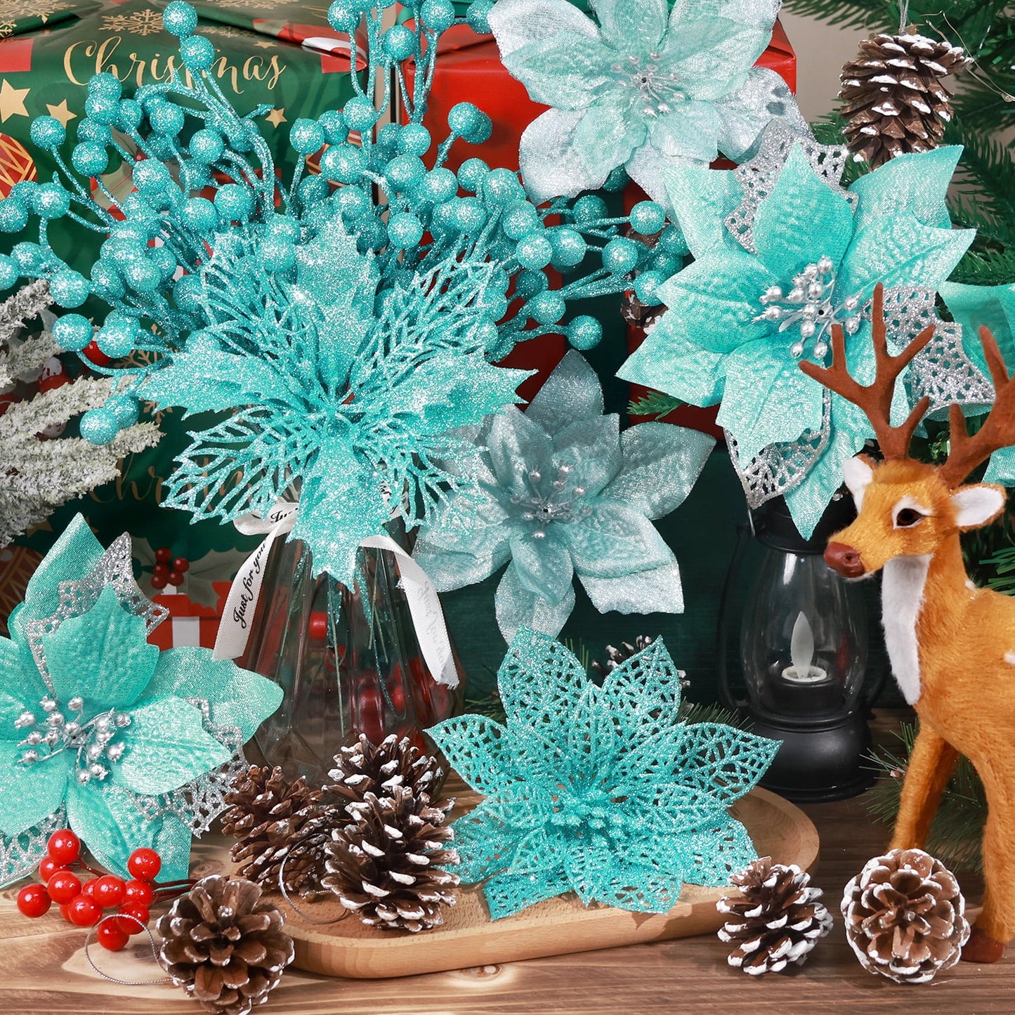 56Pcs Poinsettia Christmas Flowers Decorations Christmas Flower Ornaments Artificial Glitter Berry Stems Christmas Pine Cones Christmas Tree Ornaments Set Christmas Tree Decorations (Green)