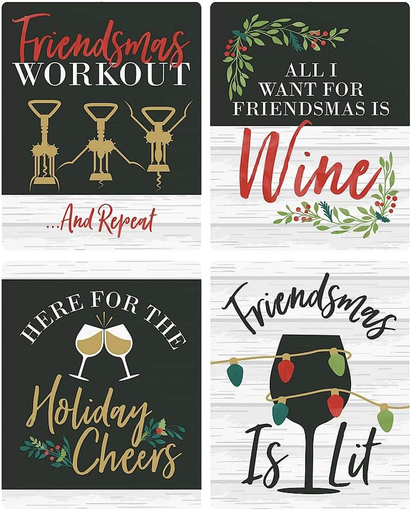 Rustic Merry Friendsmas Gifts for Women and Men - Christmas or Holiday Wine Bottle Label Stickers - Set of 4