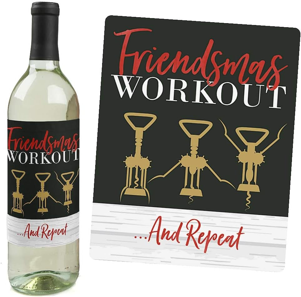 Rustic Merry Friendsmas Gifts for Women and Men - Christmas or Holiday Wine Bottle Label Stickers - Set of 4