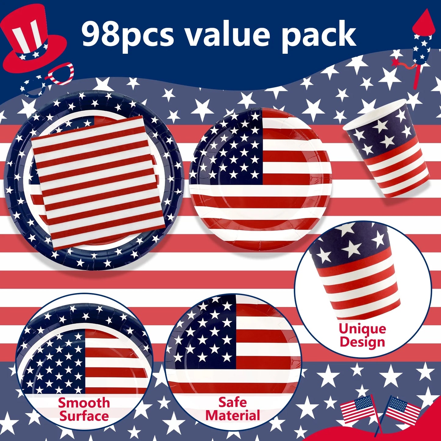 4Th of July Decorations Patriotic Party Supplies Set for 24-Disposable Plates, Napkins, Cups, Tablecloth, Flag