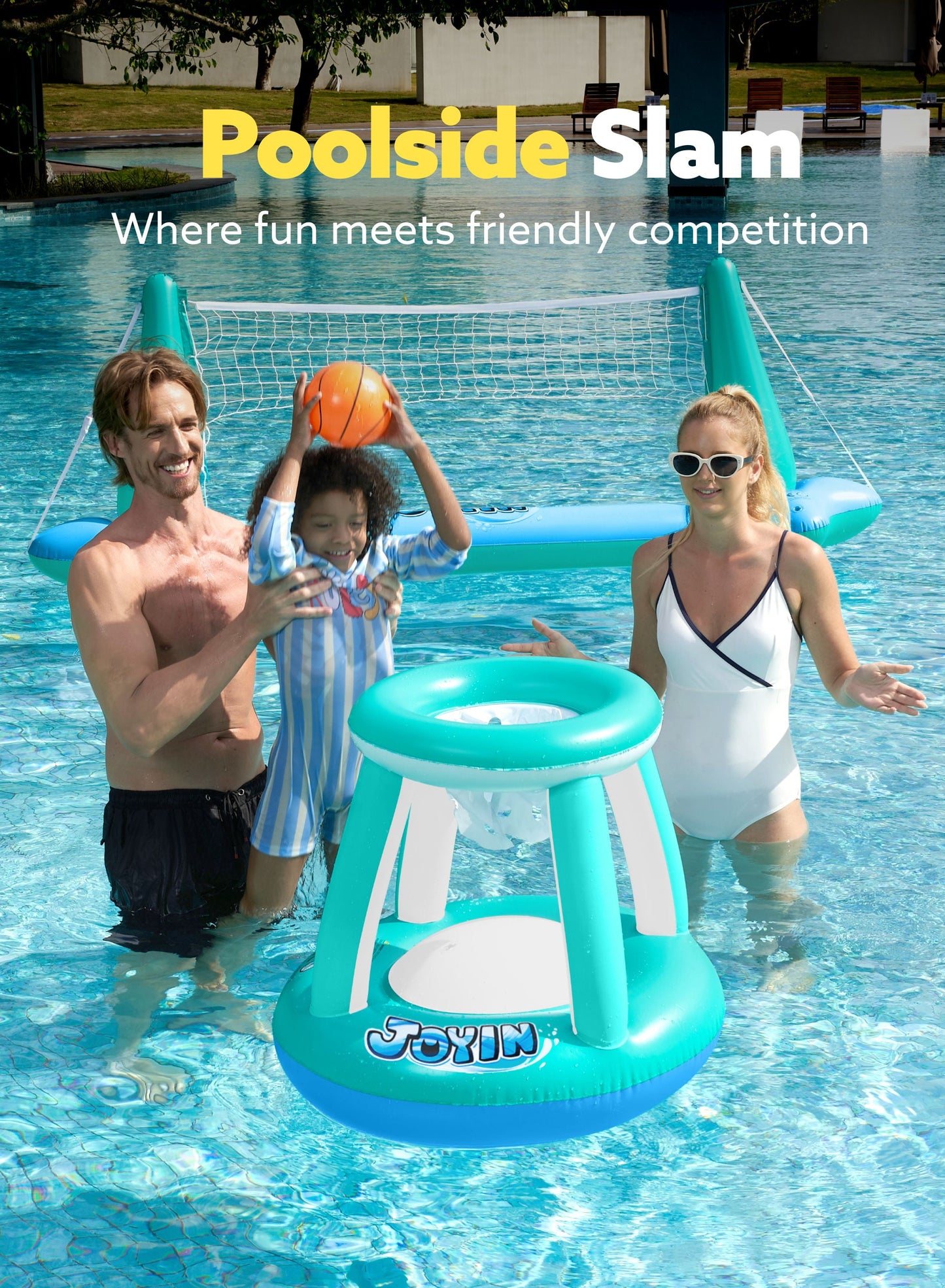 Inflatable Pool Float Set Pool Volleyball Net & Basketball Hoops, Summer Pool Toys for Kids and Pool Game Adults - Blue