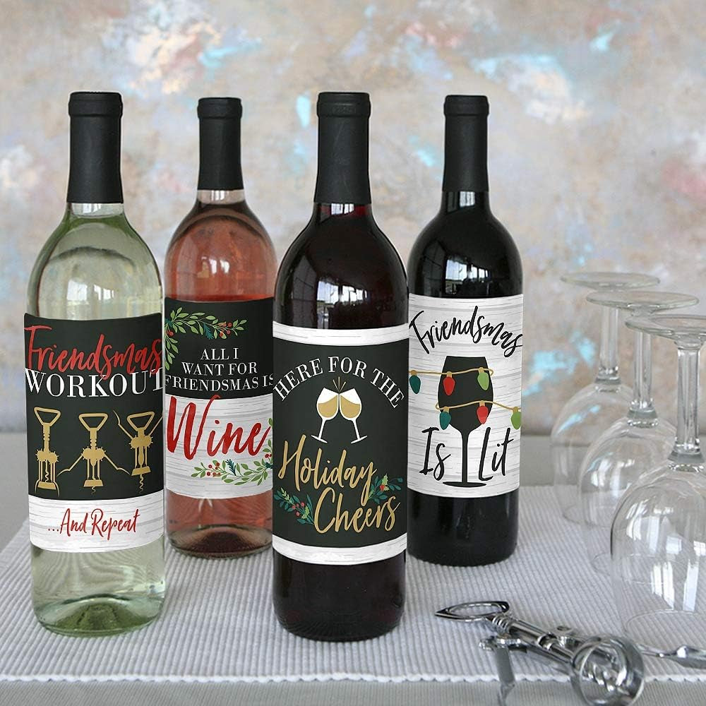 Rustic Merry Friendsmas Gifts for Women and Men - Christmas or Holiday Wine Bottle Label Stickers - Set of 4