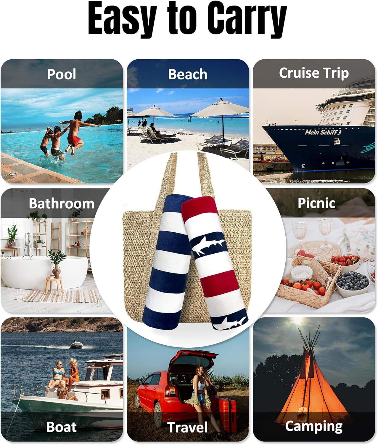 Large Beach Towel Oversized - Cotton Velour 35 X 70 Inch Shark Striped Terry Pool Towel, Cabana Soft Swimming Towel for Adults Women Men (Navy Red)